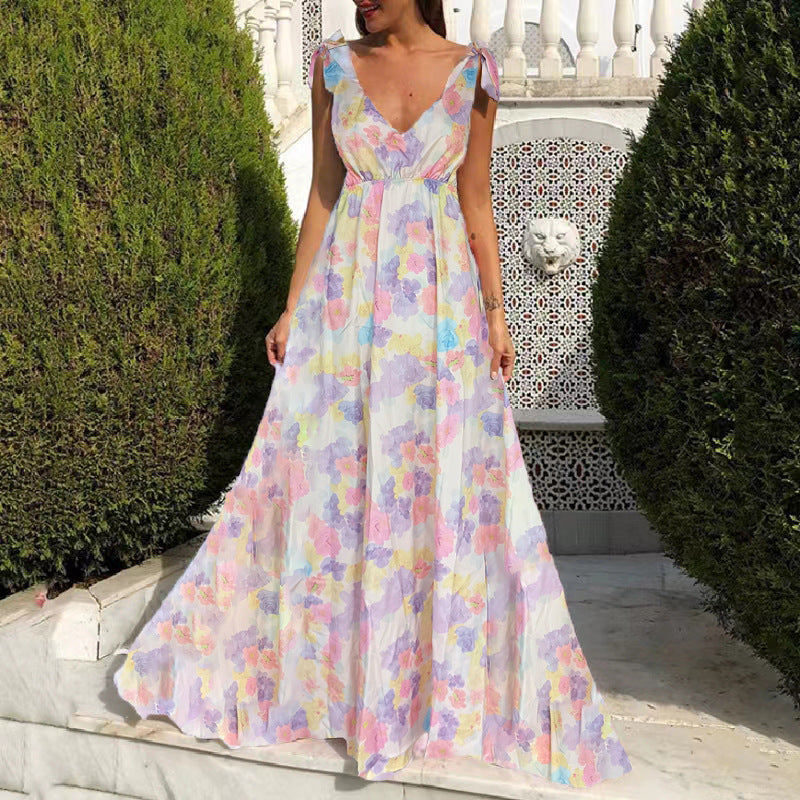 Valenzora | Printed long-sleeved spaghetti strap dress with a wide hem