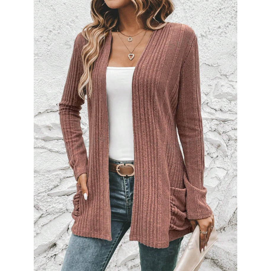 Feinstrick-Cardigan für Damen mit tiefem V-Ausschnitt und praktischen Taschen, Größe