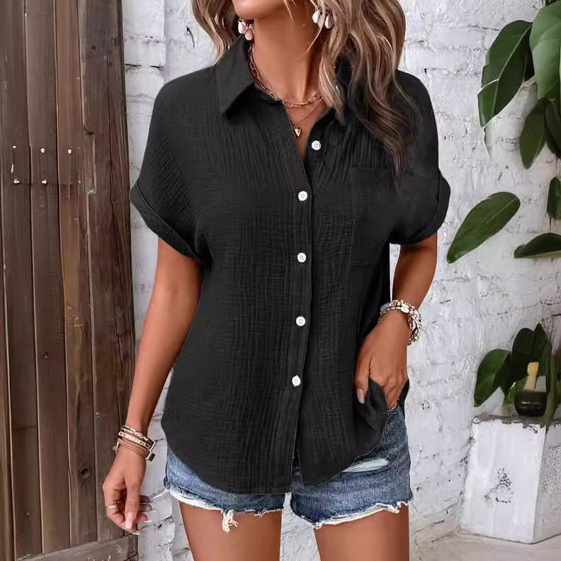 Women's casual short-sleeved shirt blouse in textured fabric, size Valenzora