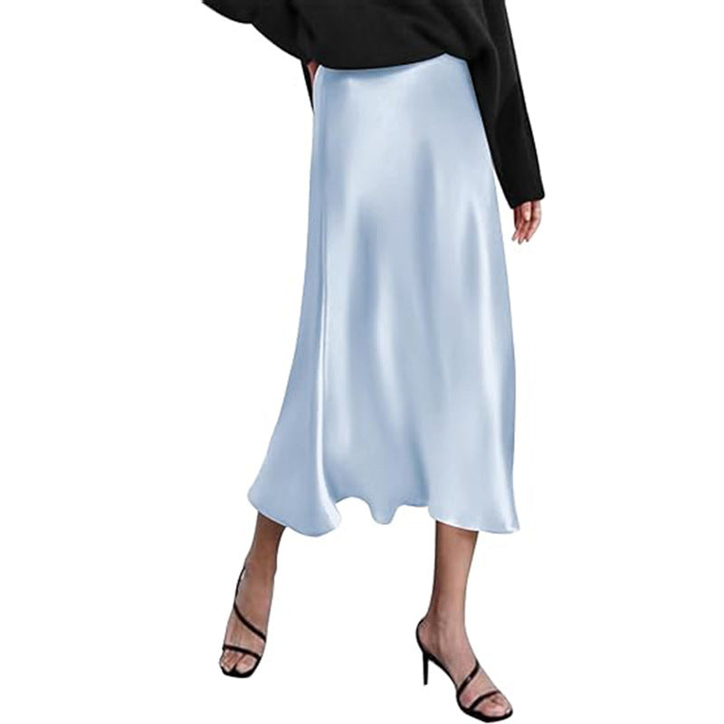Women's elegant midi skirt in satin viscose with a flowing drape, size Valenzora