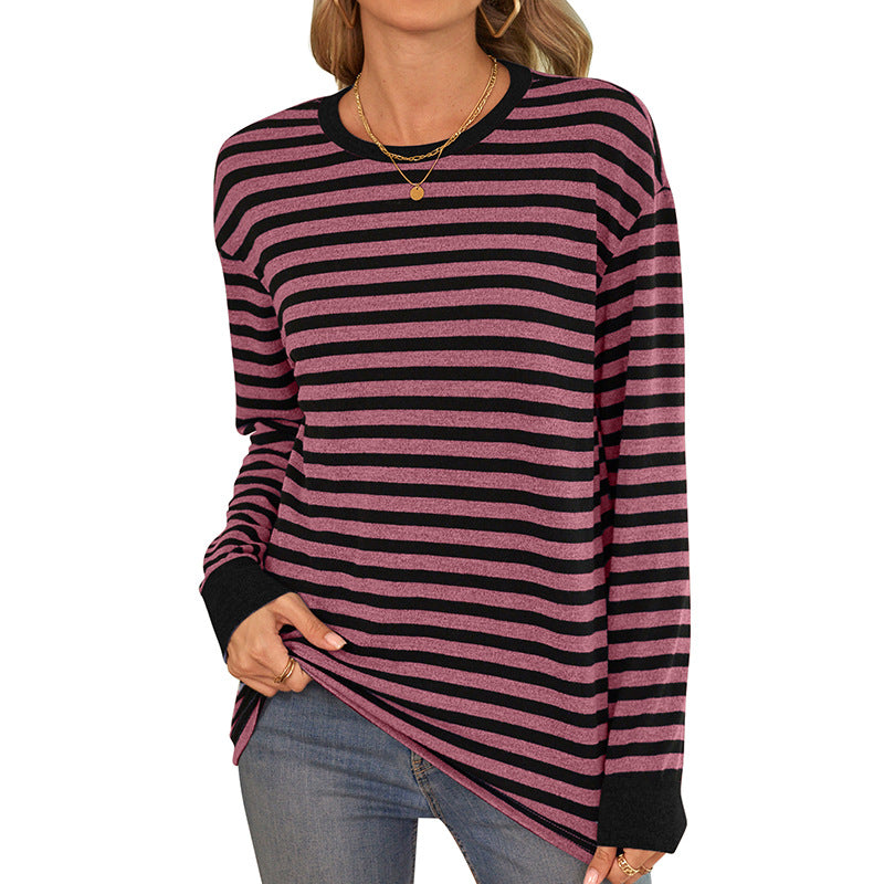 Bequemes Damen-Langarmshirt im Streifen-Design mit Rundhalsausschnitt, Größe