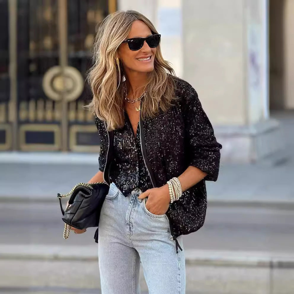 Women's glittery college jacket with shiny sequins and high wearing comfort, size S