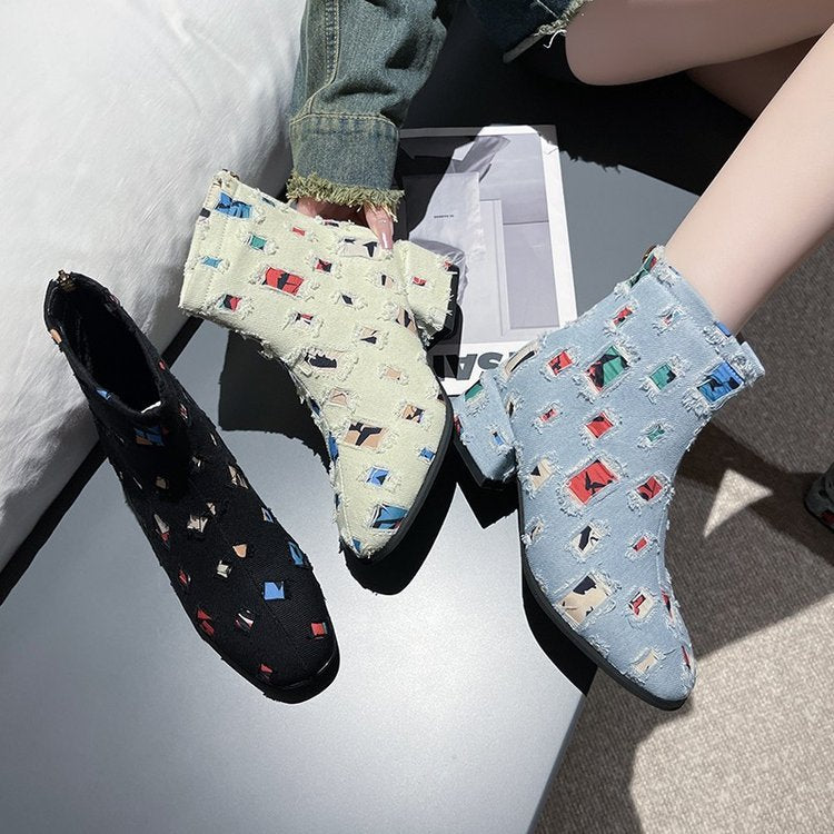 Modische Damen-Ankle-Boots mit kreativem geometrischem Print und elegantem Reißverschluss, Größe S