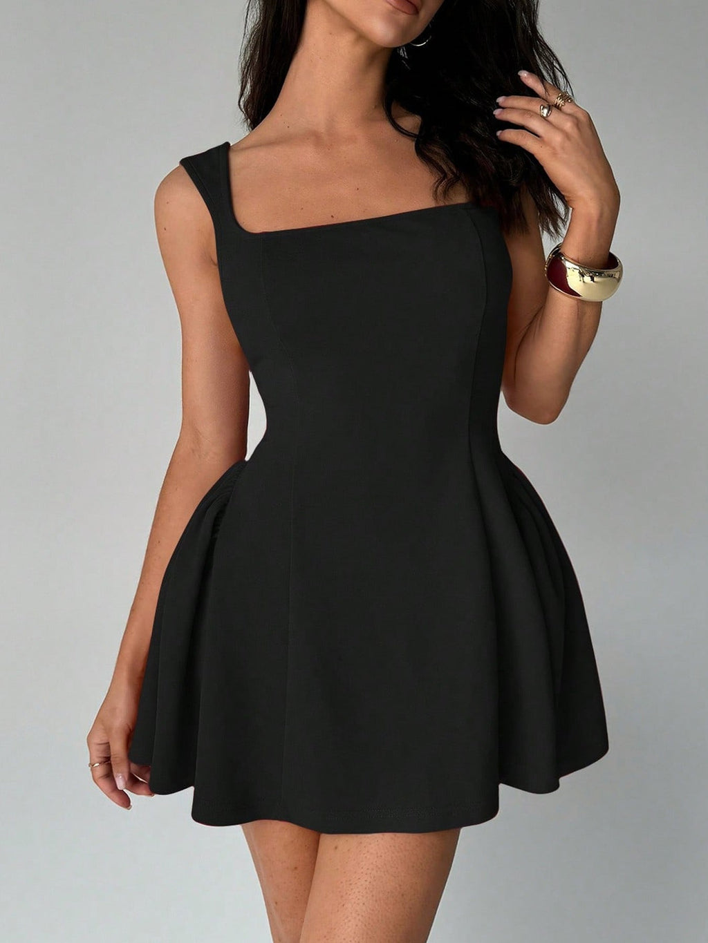 Women's A-line dress with square neckline and swing skirt, size