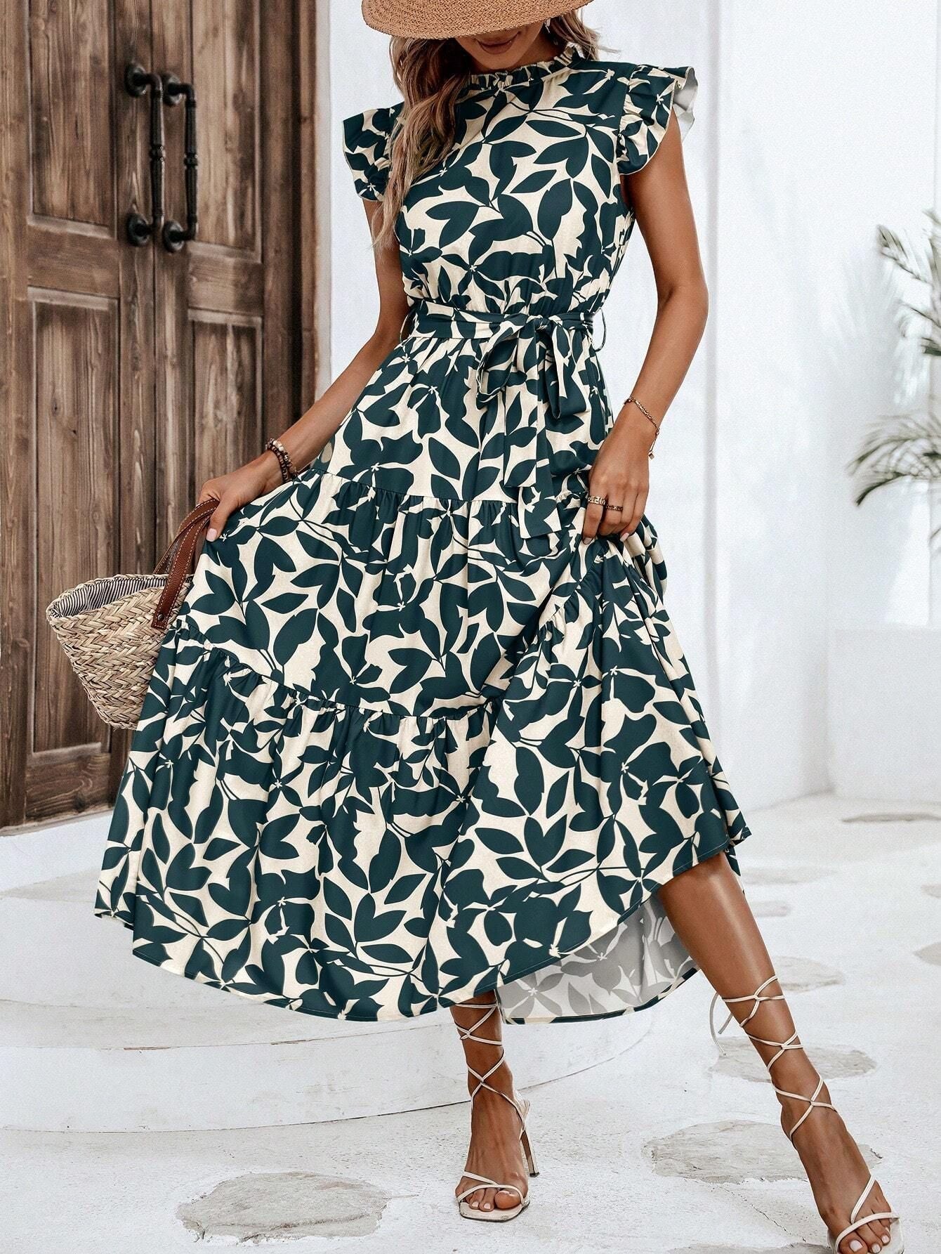 Damen lässiges Midikleid mit Rüschen und Blumenmuster, Größe