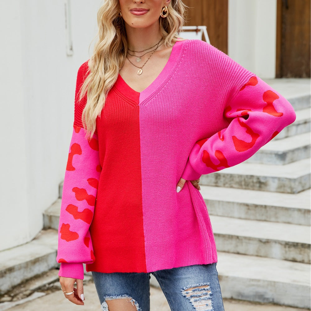 Women's colorful sweater in a fashionable color-block design with leopard print, size S