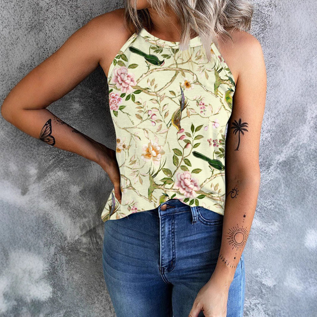 Valenzora | Vintage Floral Plant Pattern Slim Fit Tank Top