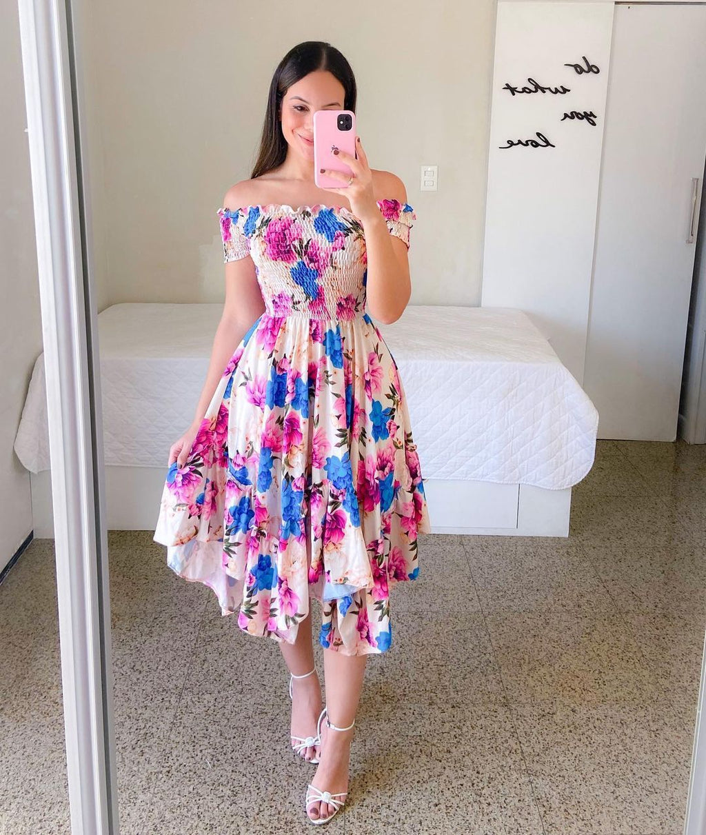 Women's summer off-the-shoulder dress with a colorful butterfly pattern and flowing pleats, size S