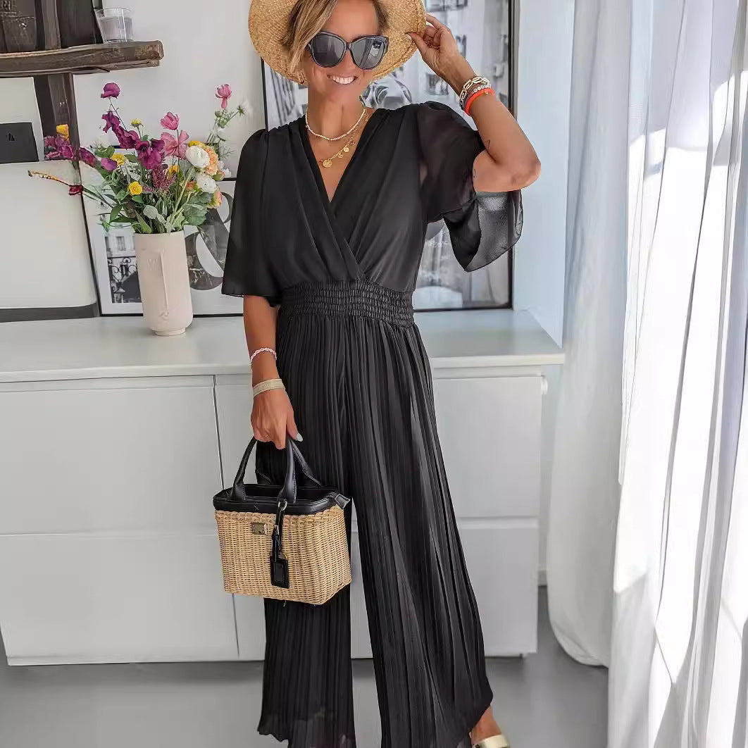 Eleganter Damen-Jumpsuit mit tiefem V-Ausschnitt und voluminösen Ärmeln, Größe [Größe fehlt]