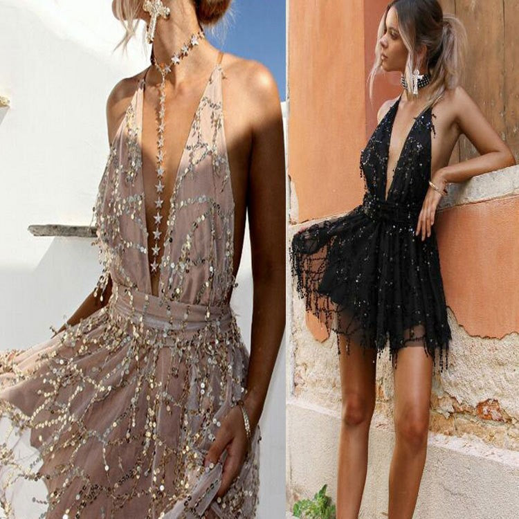 Glitzerndes Damen-Cocktailkleid mit tiefem V-Ausschnitt und schwingendem Rock, Größe