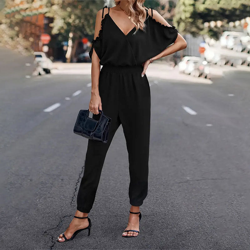 Women's elegant jumpsuit with ruffle details and practical elastic waistband, size [size missing]