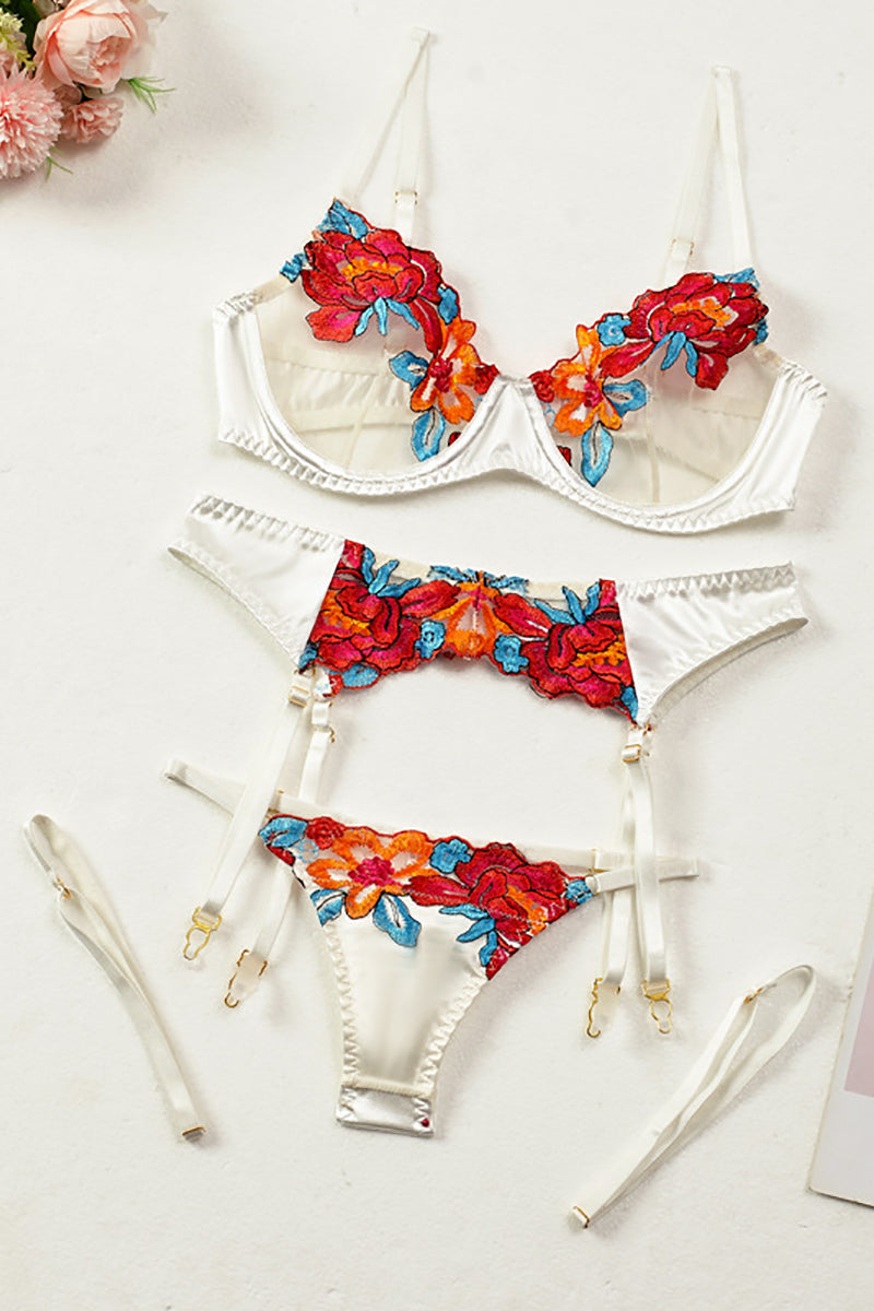 Valenzora | Satin-Sheer Blumen-Dessous-Set, 3-teilig