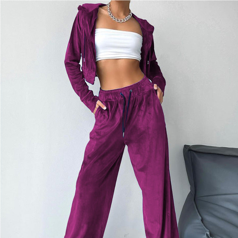 Women's sporty leisure set with casual hooded jacket and wide-leg trousers, size S