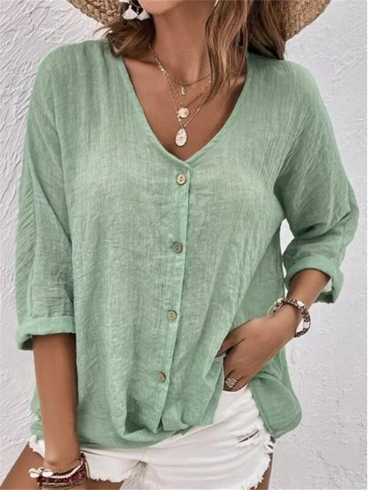 Women's casual blouse with button placket and V-neck, size