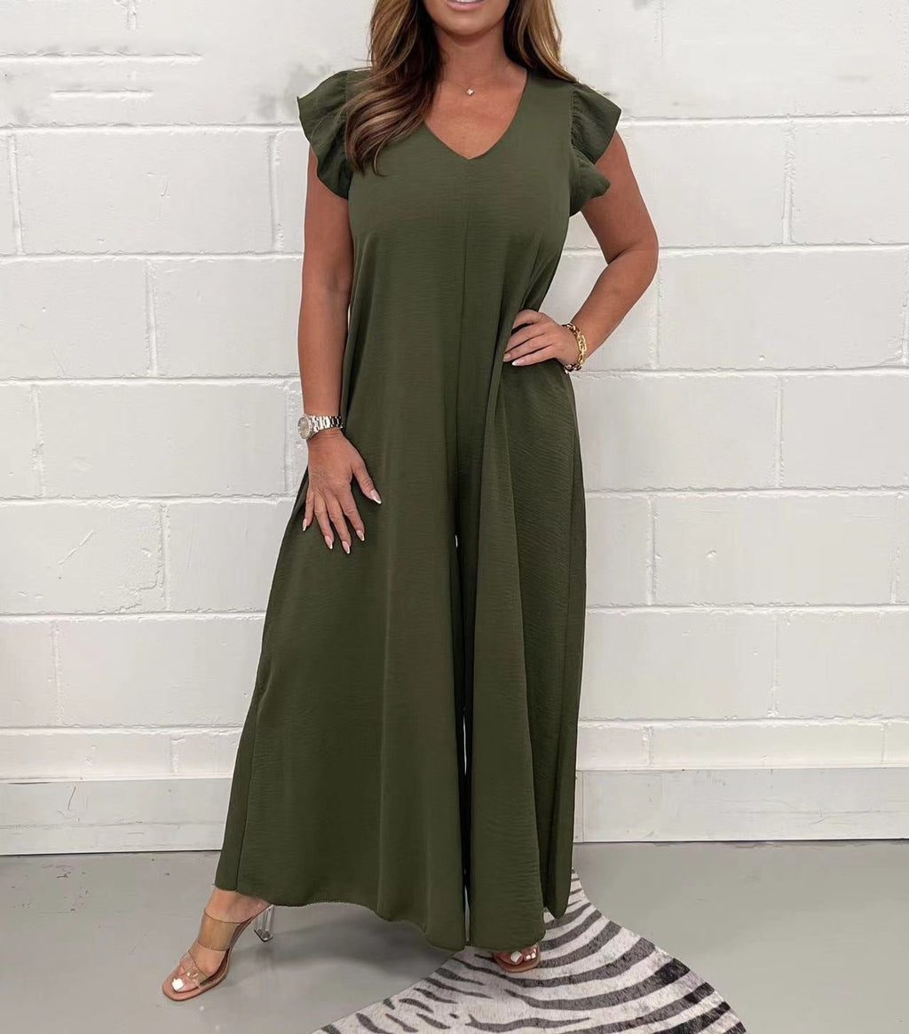 Exklusiver Damen-Jumpsuit mit voluminösen Rüschenärmeln und V-Ausschnitt, Größe S