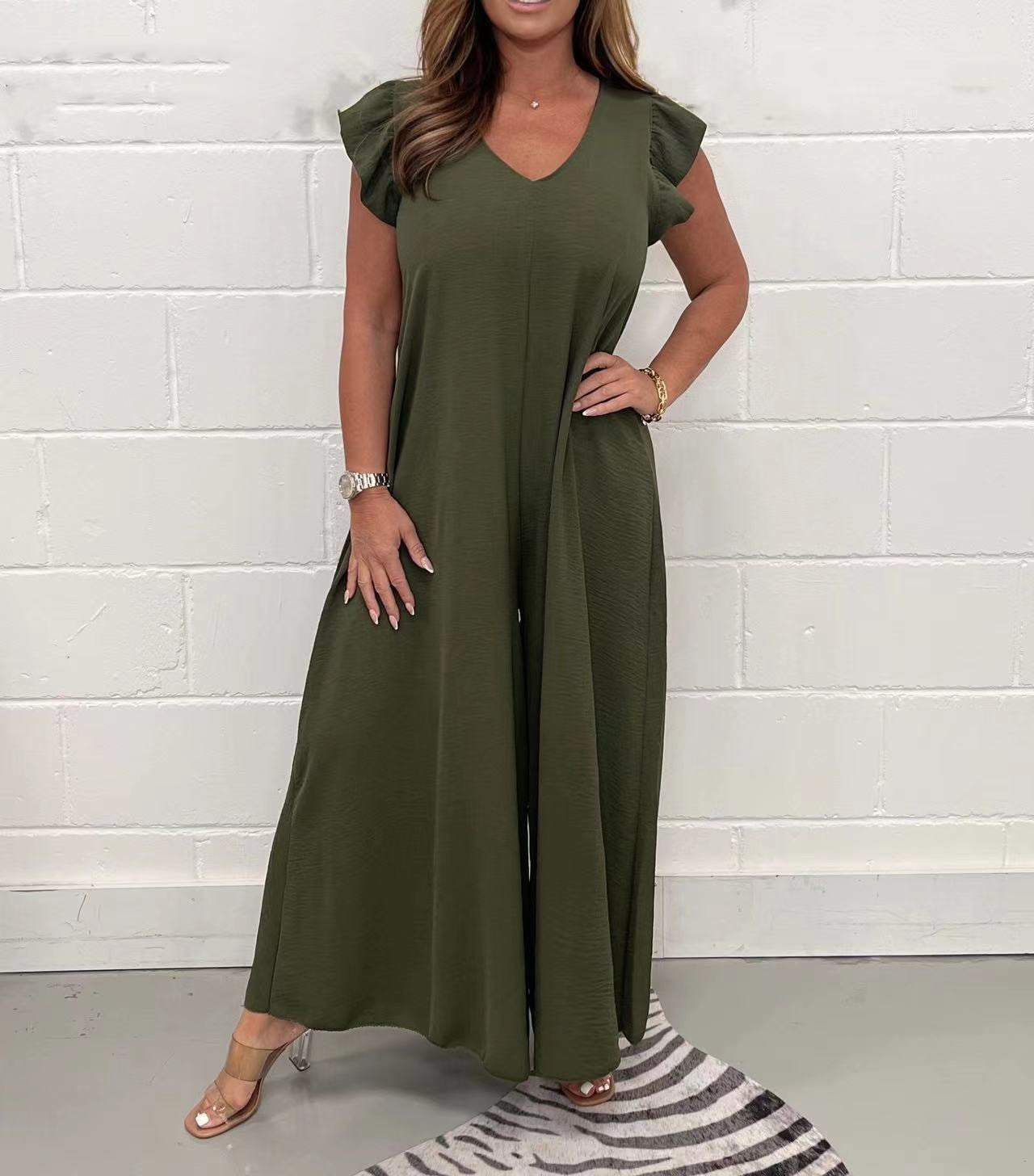 Exklusiver Damen-Jumpsuit mit voluminösen Rüschenärmeln und V-Ausschnitt, Größe S
