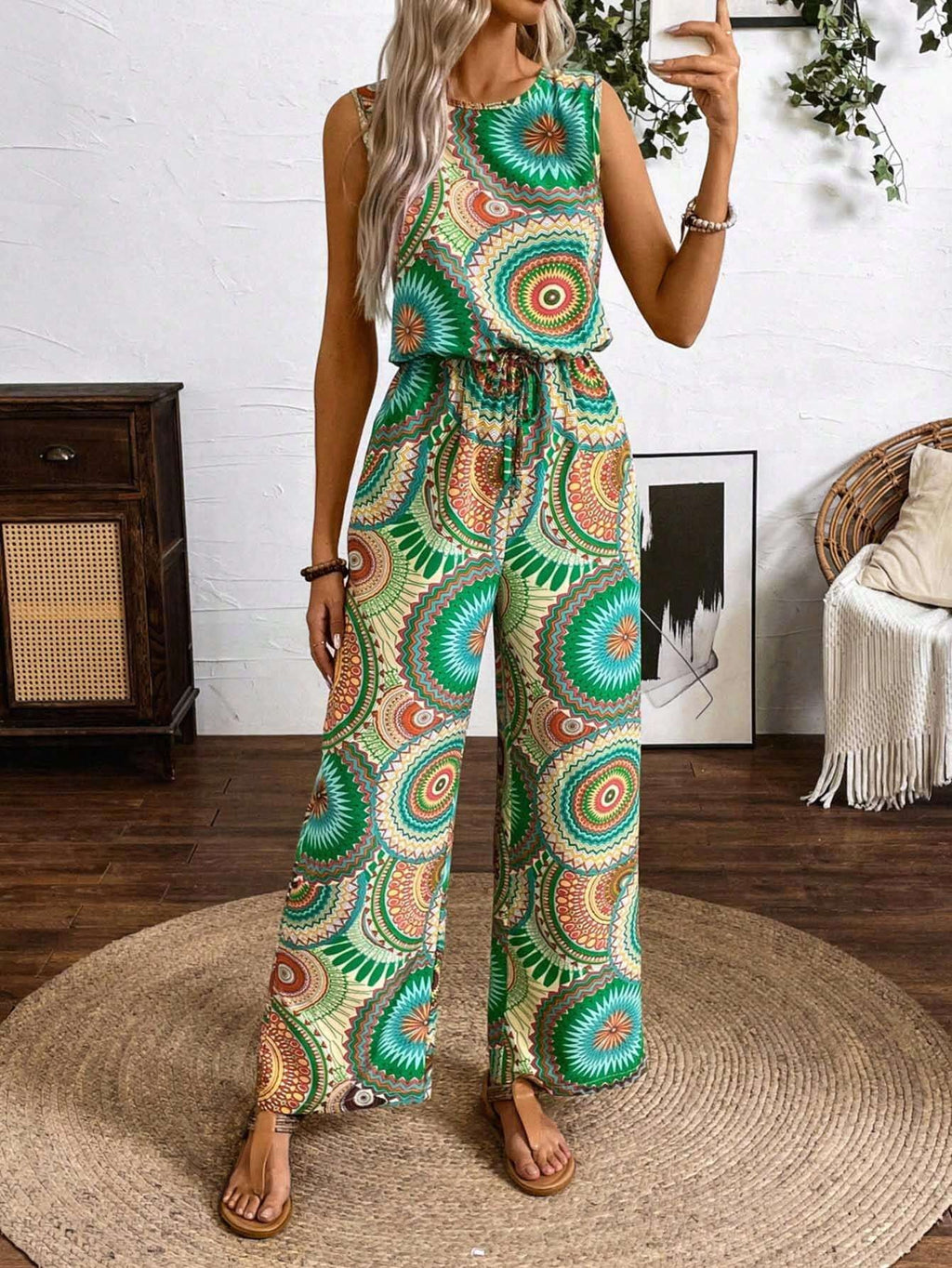 Women's casual jumpsuit with eye-catching pattern detail and elasticated waistband, size S