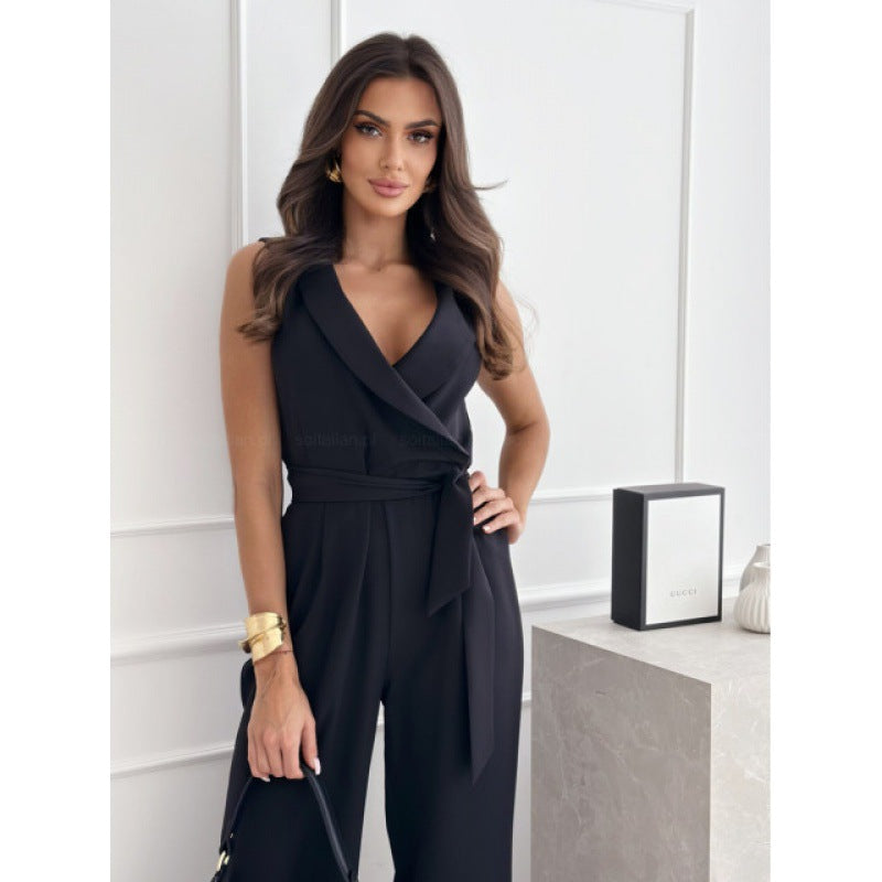 Women's elegant jumpsuit with wrap look and waist belt, size