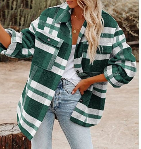 Women's checked flannel jacket with a relaxed fit and patch pockets, size S