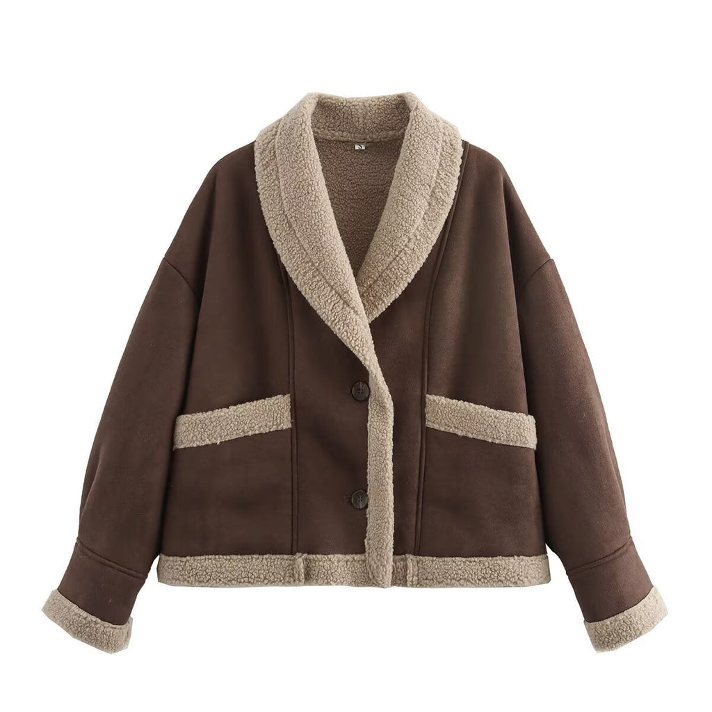 Women's cozy oversized jacket with soft lining and elegant button placket, size S