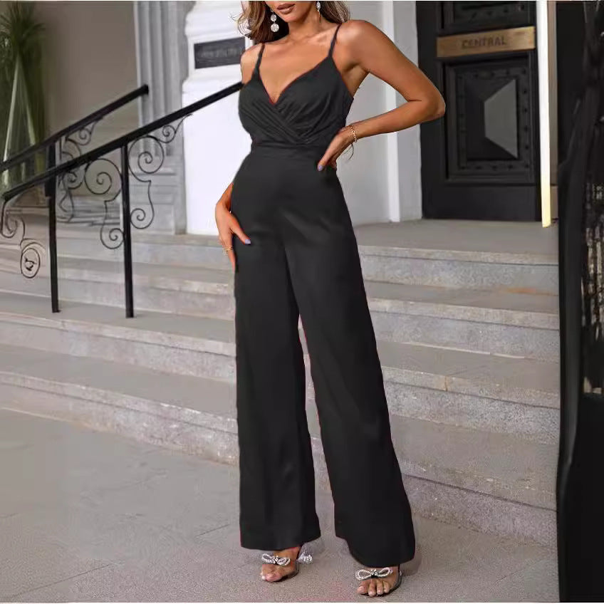 Women's elegant jumpsuit with wrap top and long, straight legs, size [size]
