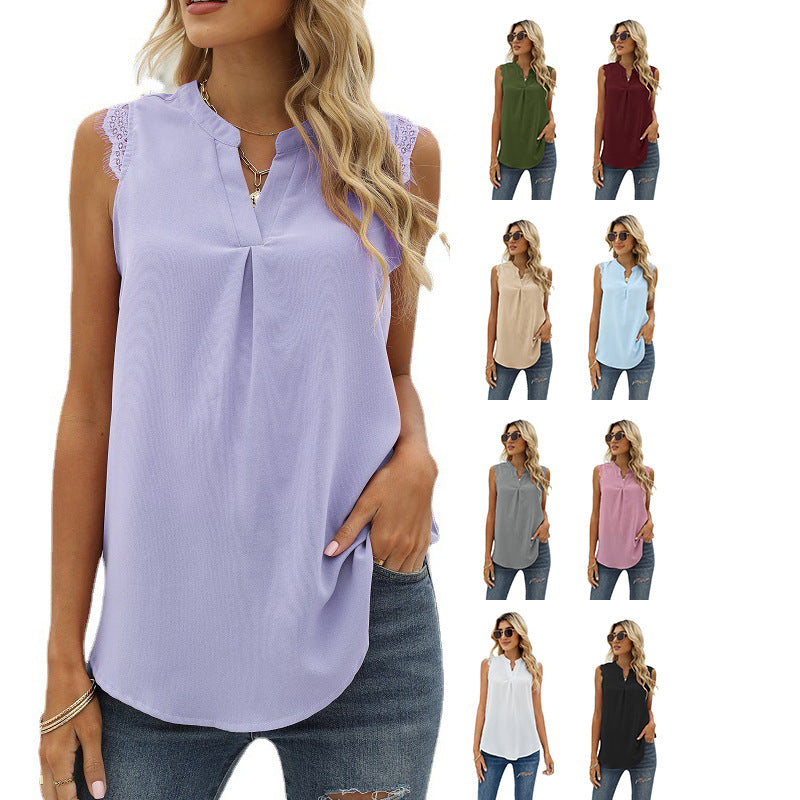 Women's sleeveless blouse with elegant lace insert and fashionable pleats, size
