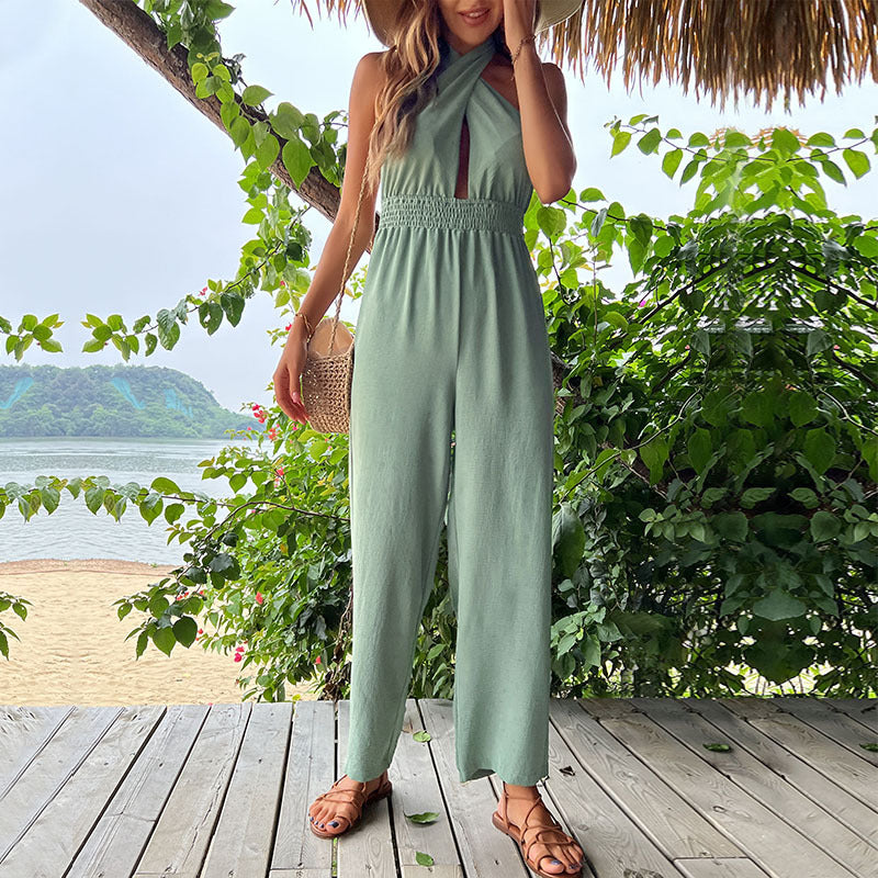 Damen-Jumpsuit mit elegantem Wickelausschnitt und schmeichelhaftem, elastischem Bund, Größe
