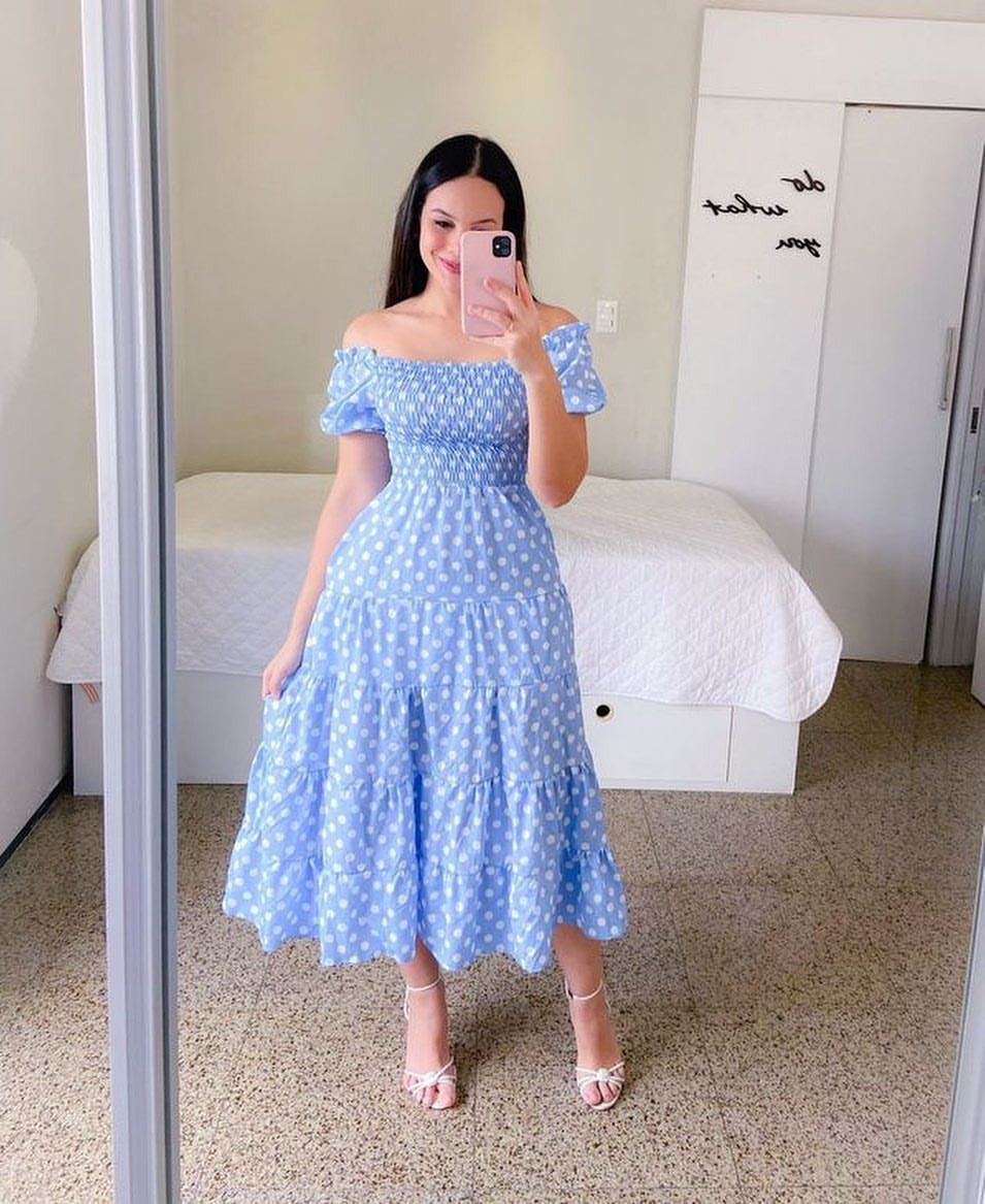Valenzora | Bedrucktes ausgestelltes Midi-Kleid mit kurzen Ärmeln