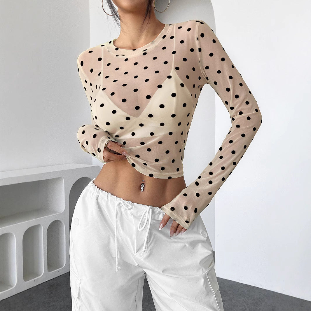 Valenzora | Sheer polka dot fitted mesh long-sleeved tee