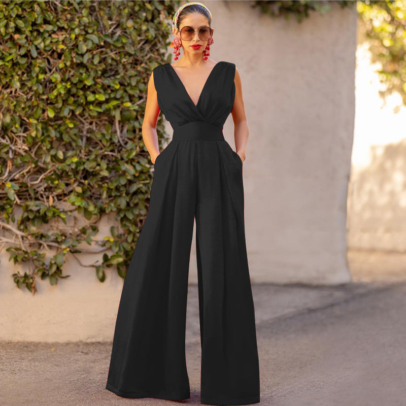 Valenzora | Jumpsuit High Waist Ärmellos Tiefer V-Ausschnitt Weites Bein Elegante Passform