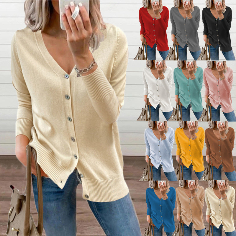 Women's cardigan with modern button details and deep V-neck, size