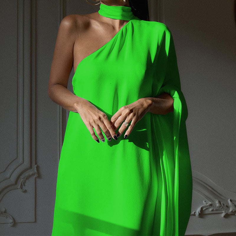 Women's elegant one-shoulder evening dress with flowing fabric and chic collar, size S