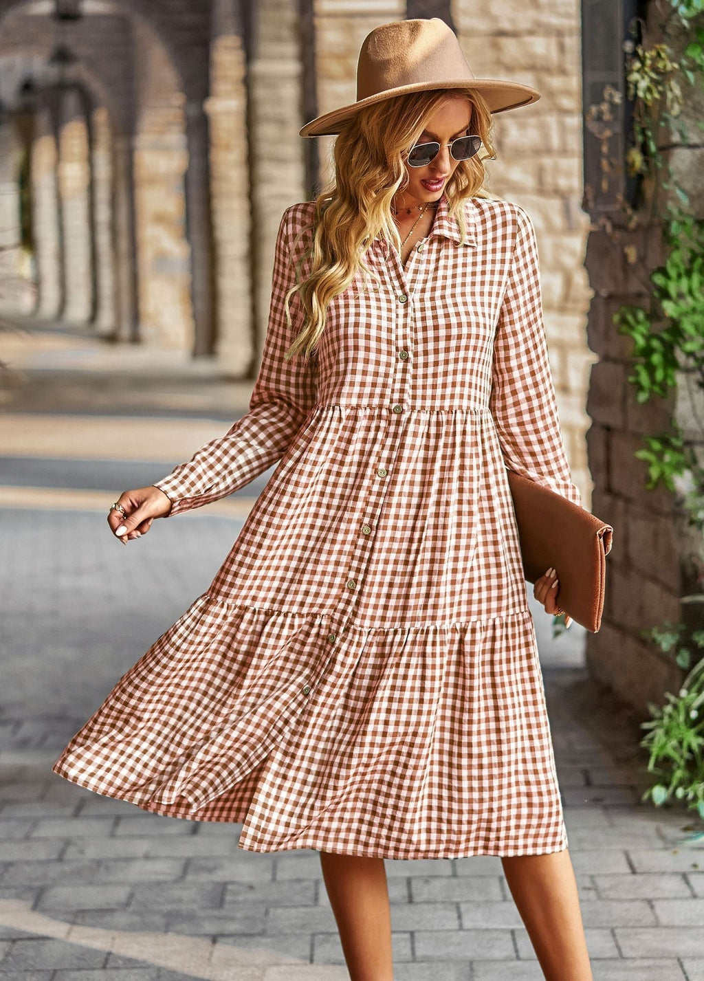 Women's checked midi blouse with button placket and flared skirt, size Valenzora
