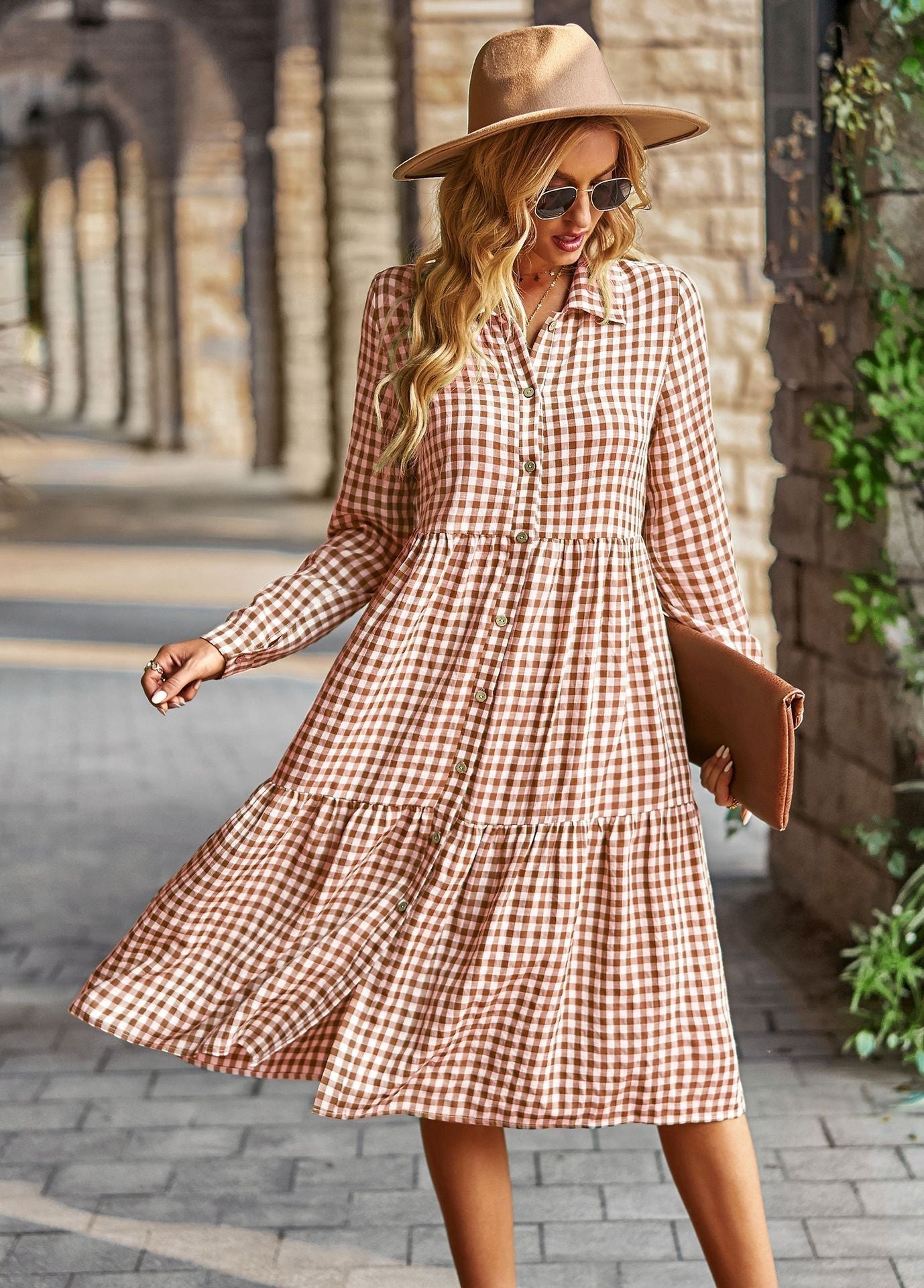 Women's checked midi blouse with button placket and flared skirt, size Valenzora