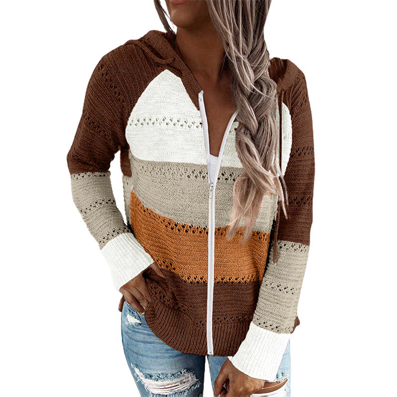 Women's casual cardigan with hood and decorative openwork pattern, size