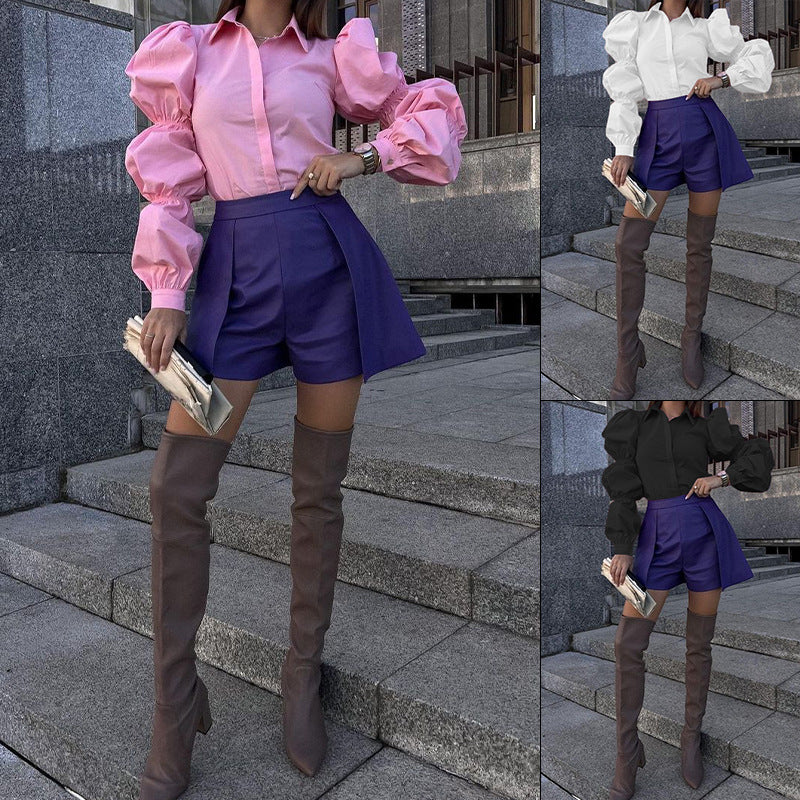 Women's blouse with voluminous puff sleeves and elegant cut, size S
