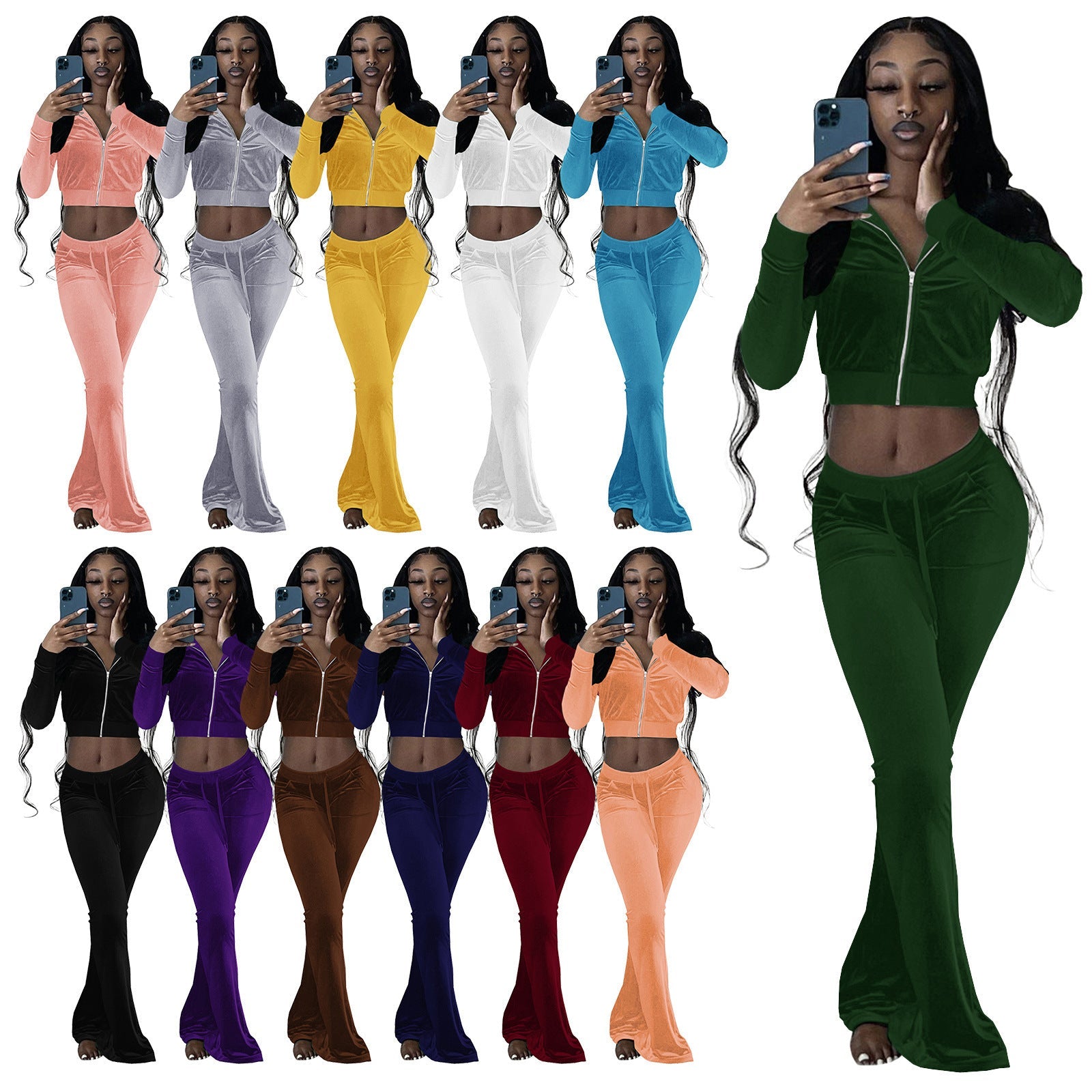 Women's velour tracksuit with zip front and wide-leg trousers, size