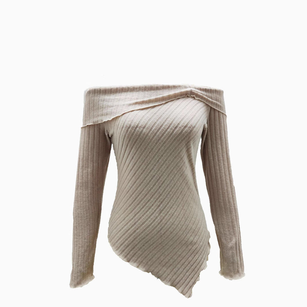 Women's off-the-shoulder ribbed knit top with asymmetrical hem and decorative details, size Valenzora