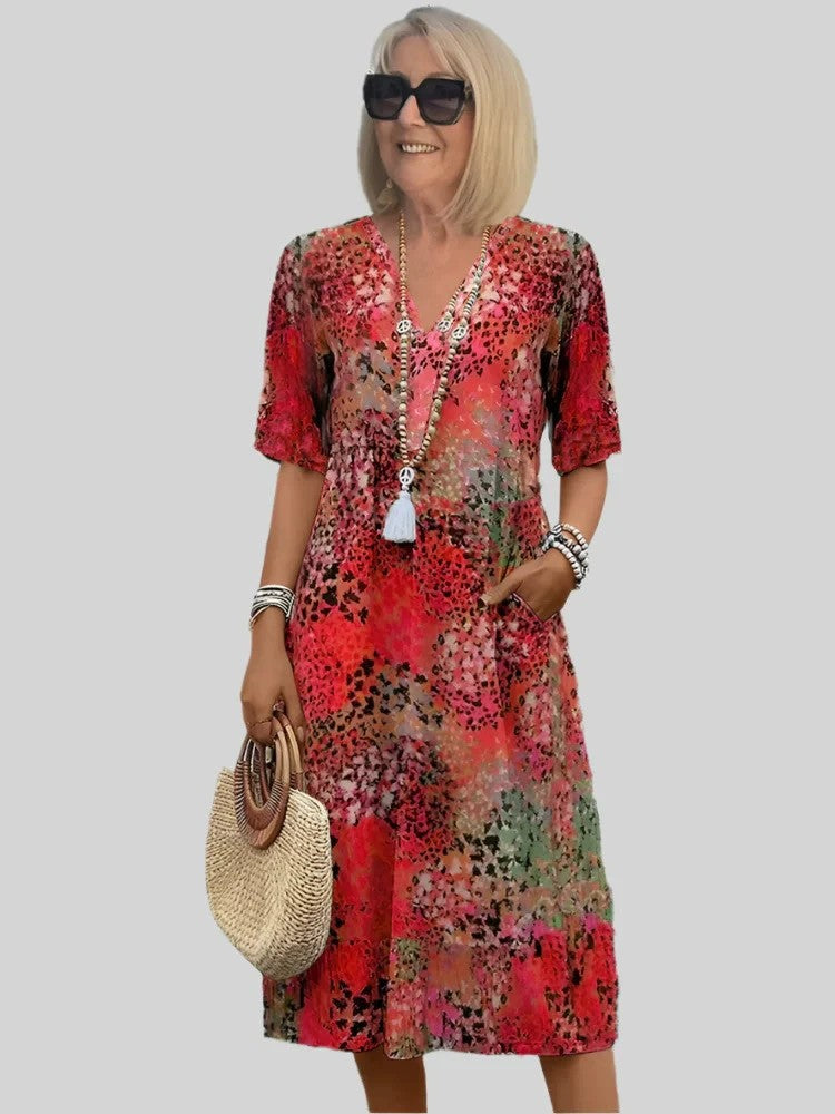 Women's loose summer dress with V-neck and pockets