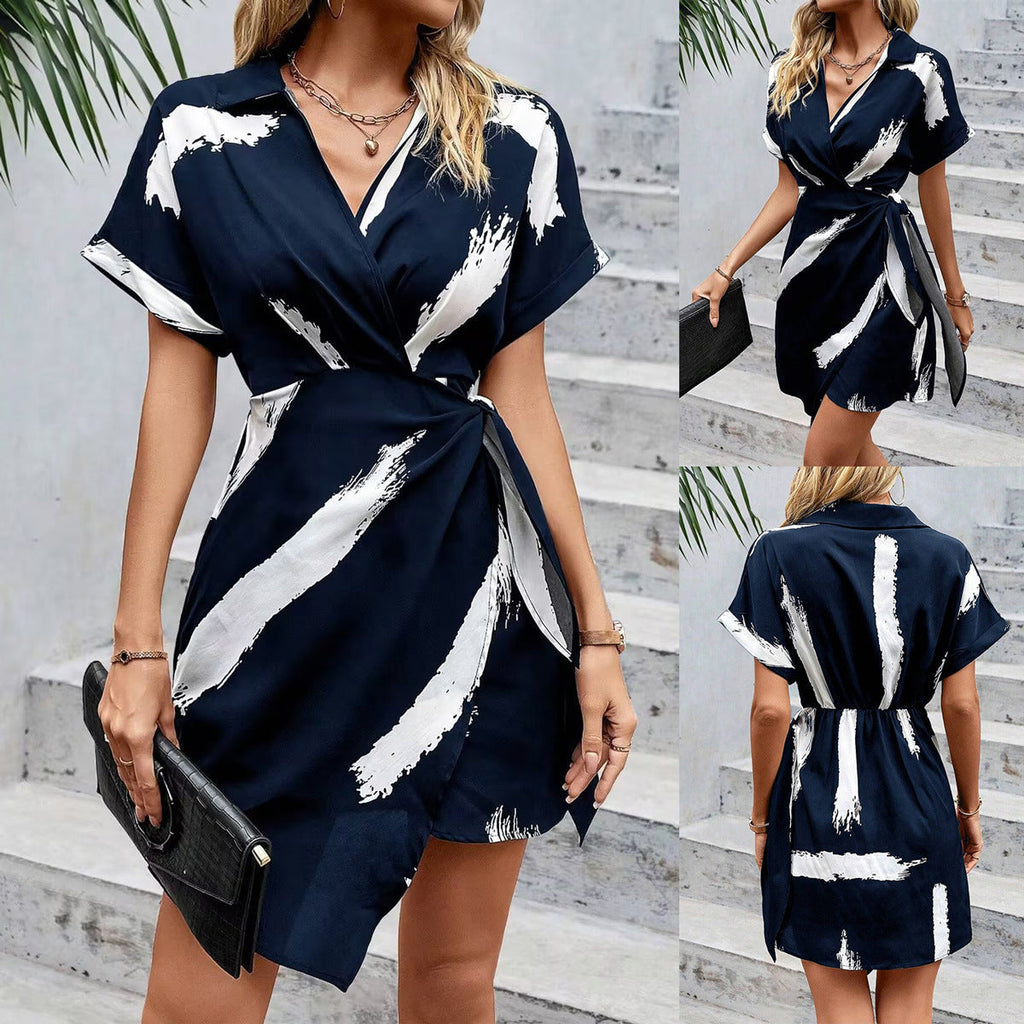 Valenzora | Elegantes bedrucktes V-Ausschnitt-Kleid mit Schleife