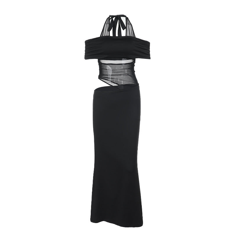 Damen-Cocktailkleid mit schulterfreiem Design und raffiniertem Netzeinsatz, Größe S