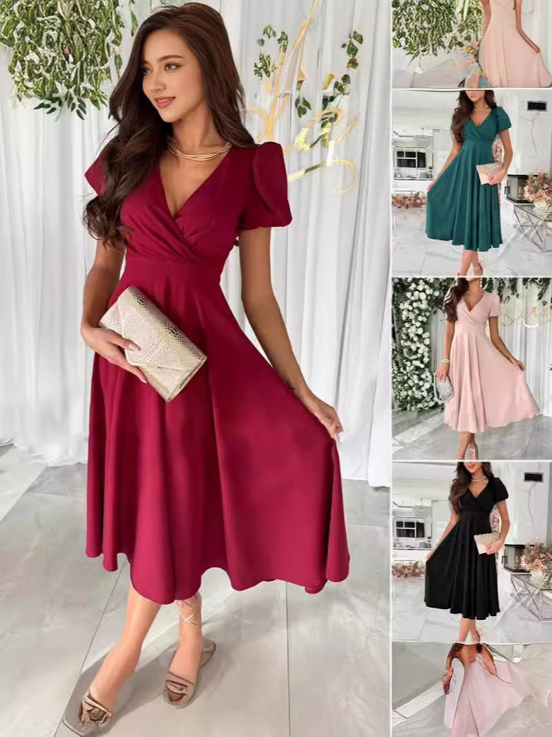 Women's elegant wrap dress with charming puff sleeves, size