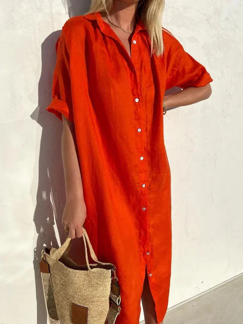 Valenzora | Button-up dress with wide neckline and narrow sleeves, elegant and relaxed, for women, cotton and linen dresses