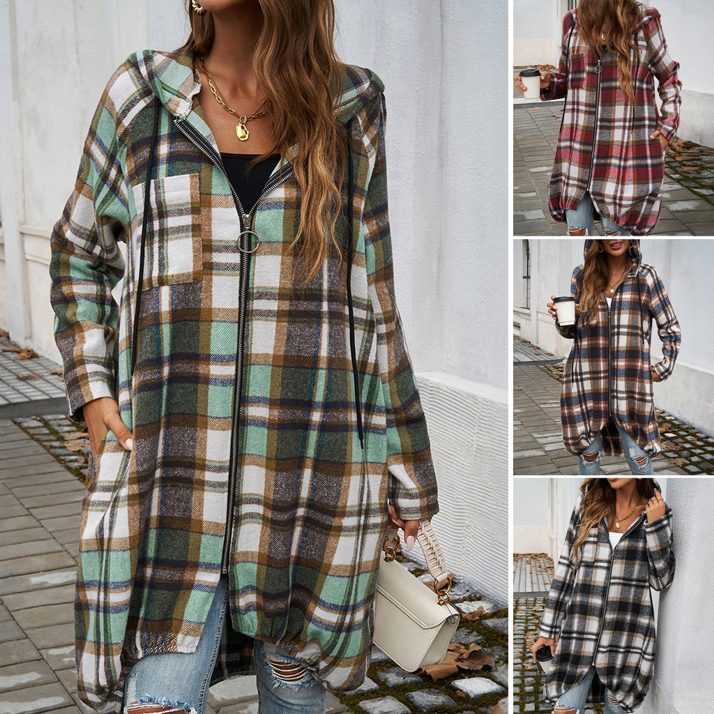 Women's Checked Long Jacket with Hood and Pockets, Size