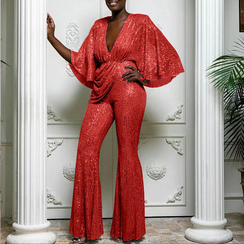 Valenzora | Pailletten-Overall mit tiefem V-Ausschnitt und rückenfreiem Design
