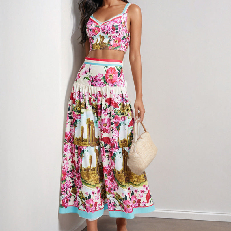 Women's two-piece summer outfit with floral bustier and swing skirt, size [size]