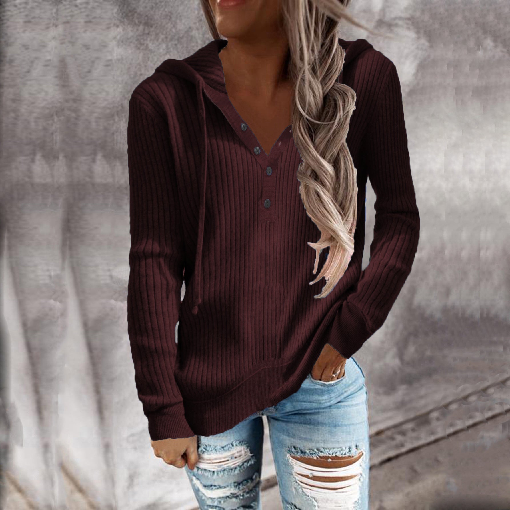 Women's hoodie with textured ribbing and button-up neckline, size S