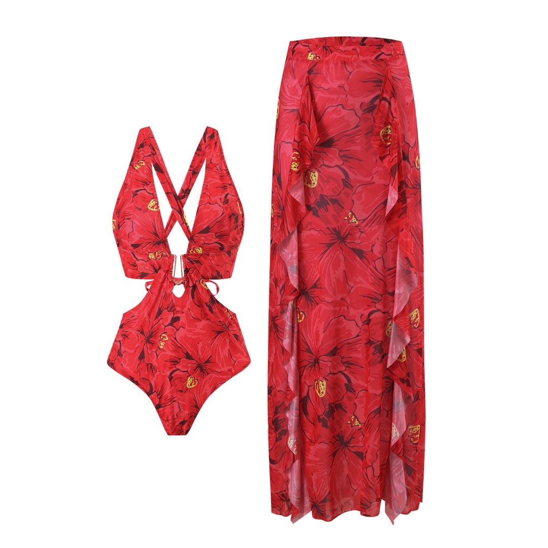 Damen-Badeanzug- und Maxirock-Set mit Blumenmuster und eleganten Rüschendetails, Größe [size]