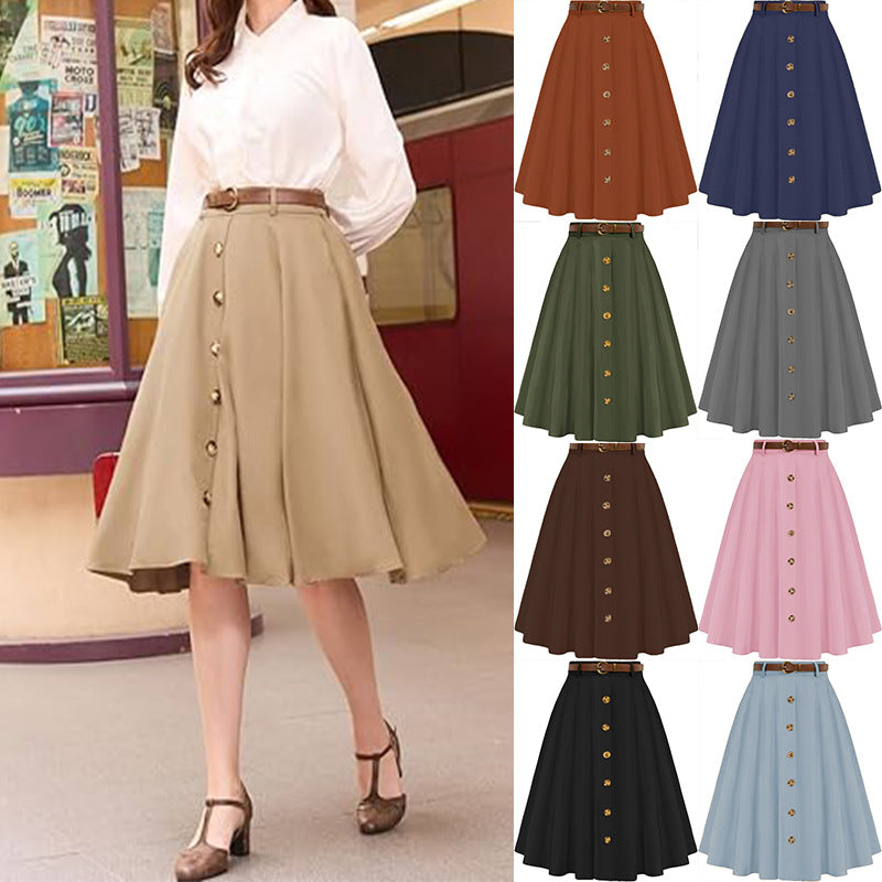 Women's A-line skirt with button placket and belt, size