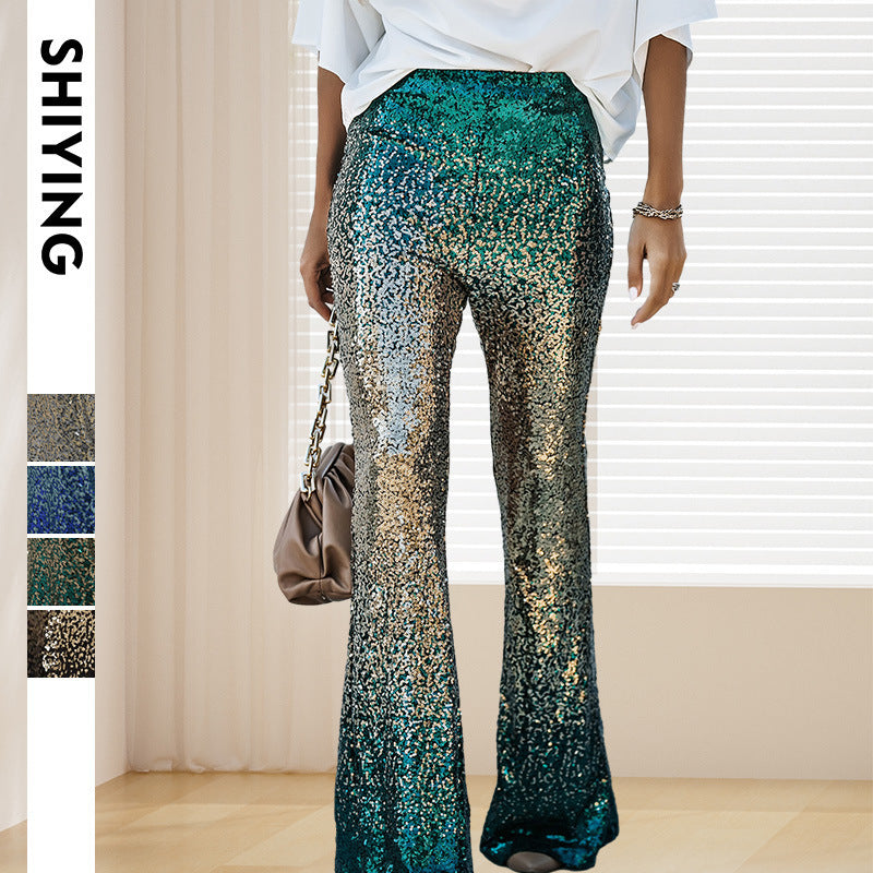 Women's Glittering Flared Trousers with Luxurious Sequin Pattern, Size